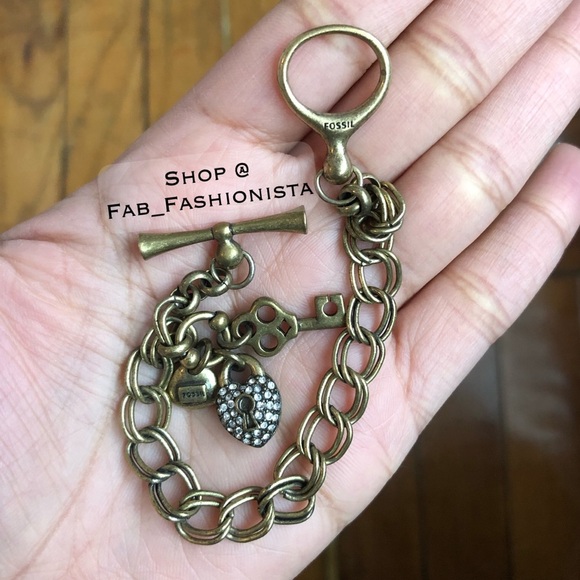 Fossil Charm Bracelet pave heart gold tone - Picture 1 of 5